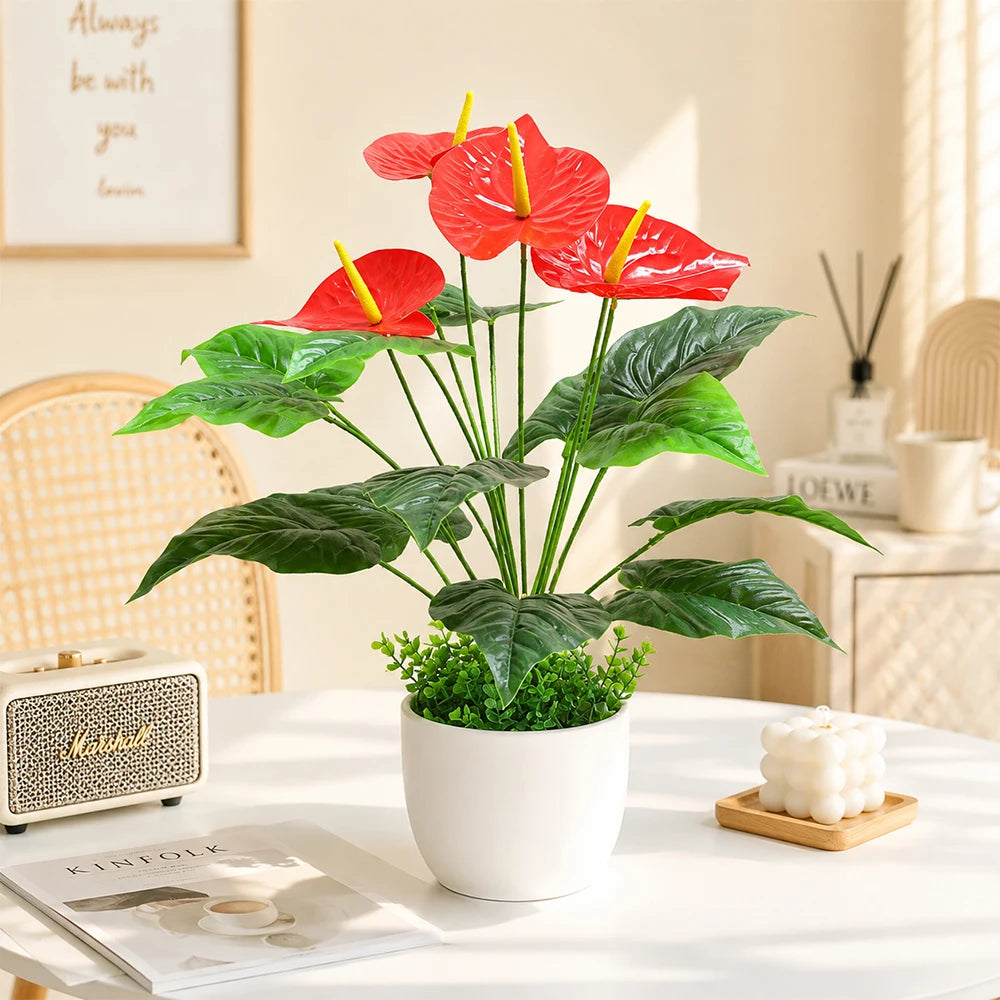 2pcs Artificial Tropical Plants Faux Anthurium Fake Plant for Home Living Room Bathroom Office Indoor Outdoor Occasions Decor