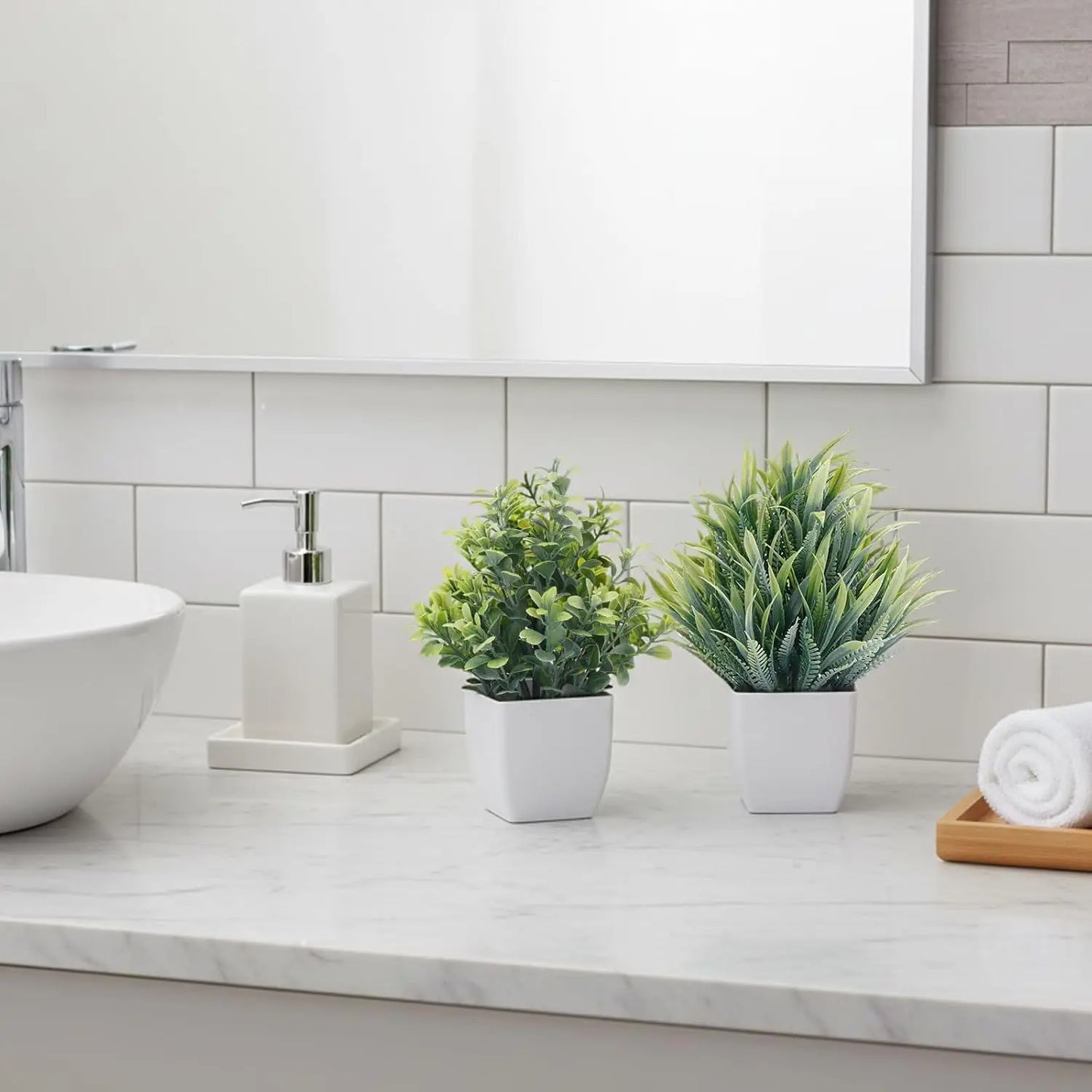 Fake Plants 4 Packs Small Artificial Greenery Mini White Potted Plants Bathroom Accessories Decorations for Desk Bathroom Office