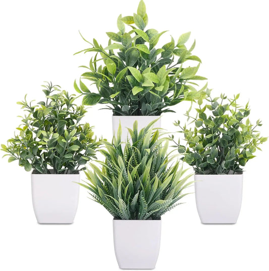 Fake Plants 4 Packs Small Artificial Greenery Mini White Potted Plants Bathroom Accessories Decorations for Desk Bathroom Office