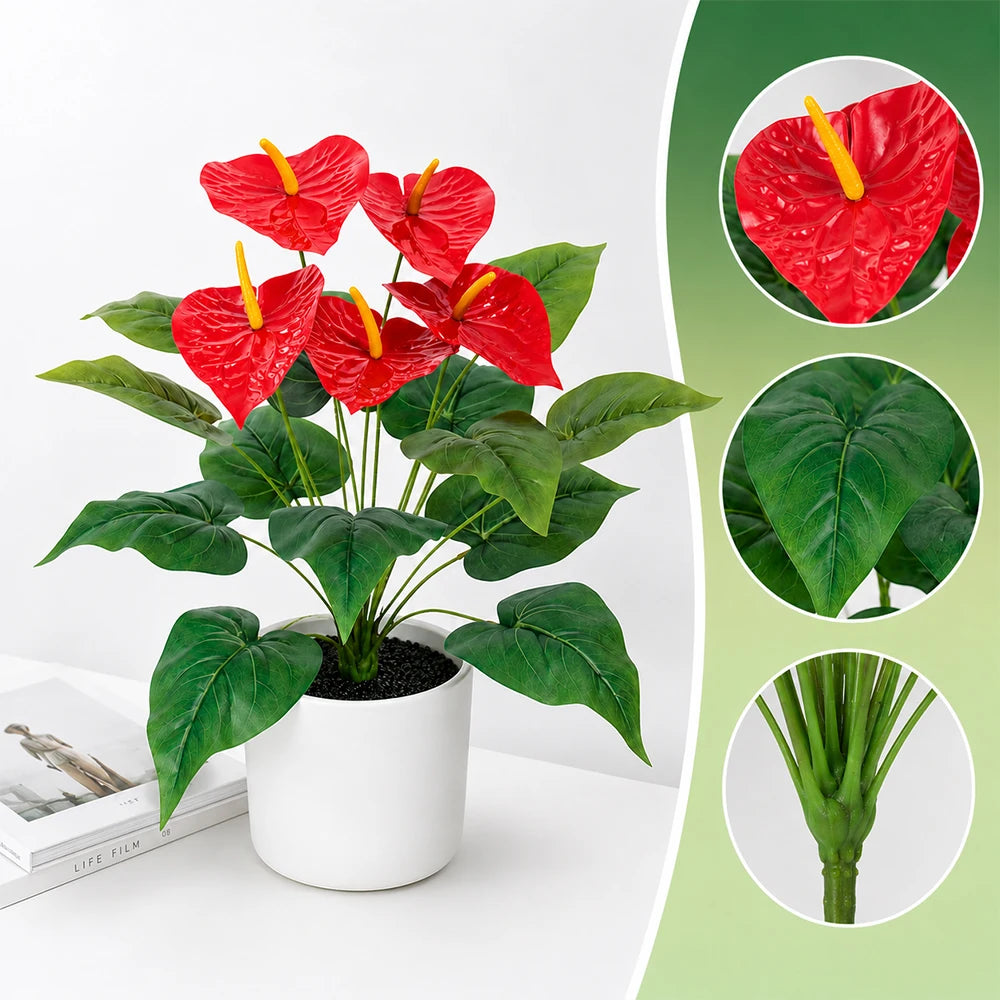 2pcs Artificial Tropical Plants Faux Anthurium Fake Plant for Home Living Room Bathroom Office Indoor Outdoor Occasions Decor