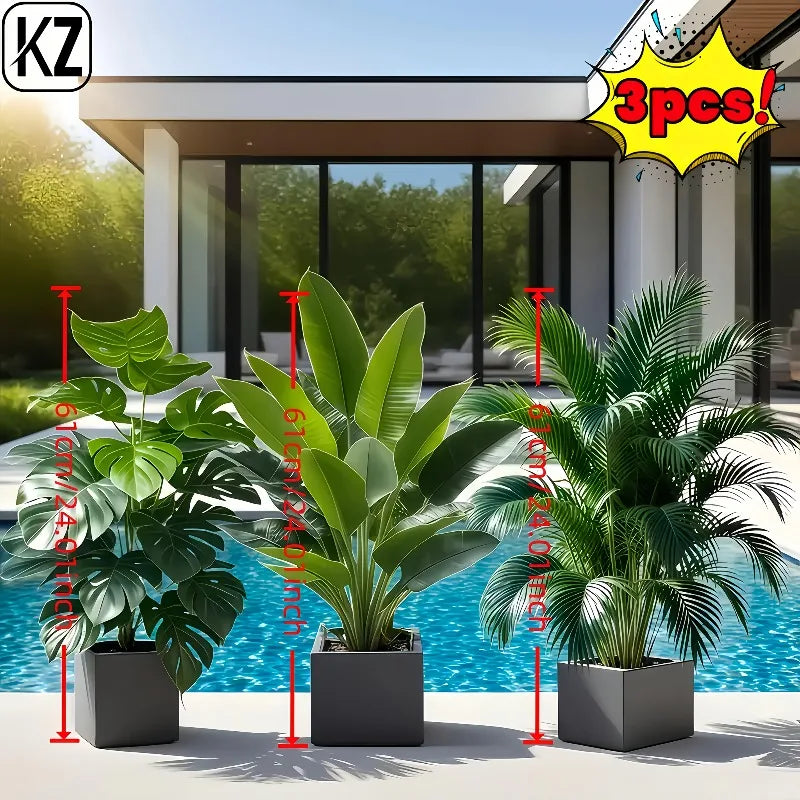3pcs Artificial Faux Plant Set Lush Banana Tree Monstera Palm for Home Wedding Garden Balcony Office Decor Without Flowearpot