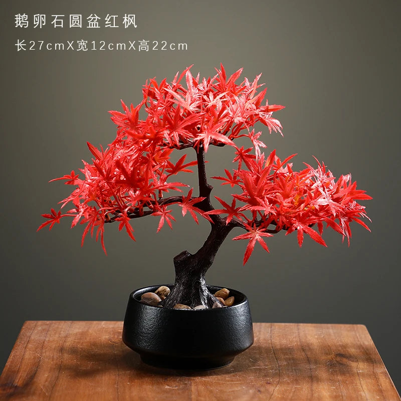 Artificial Flower Bonsai Fake Tree Red Maple Pot Office Vase Decoration Desk Decoration Home Decor