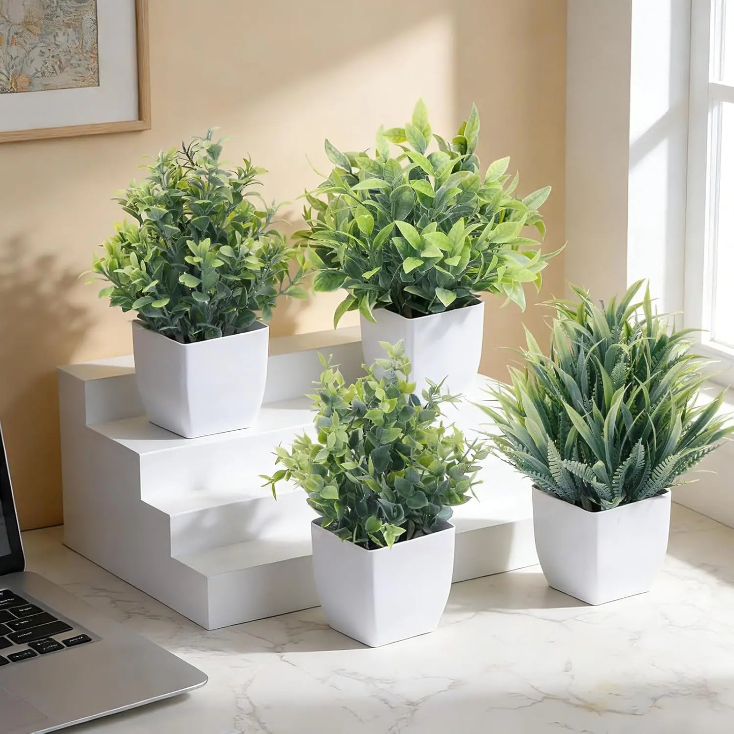Fake Plants 4 Packs Small Artificial Greenery Mini White Potted Plants Bathroom Accessories Decorations for Desk Bathroom Office