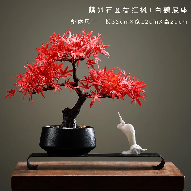 Artificial Flower Bonsai Fake Tree Red Maple Pot Office Vase Decoration Desk Decoration Home Decor